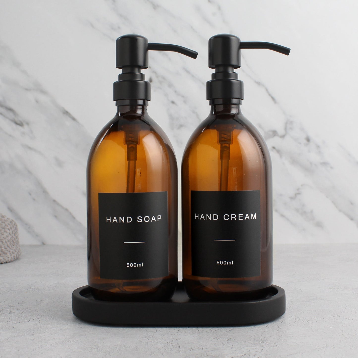 Namie Amber Glass Soap Dispenser Double Set with Black Concrete Tray