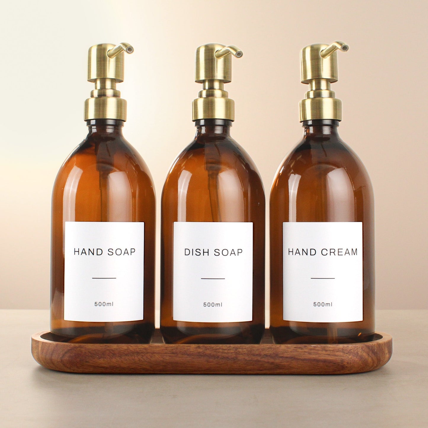 Namie Amber Glass Soap Dispenser Triple Set with Acacia Wood Tray