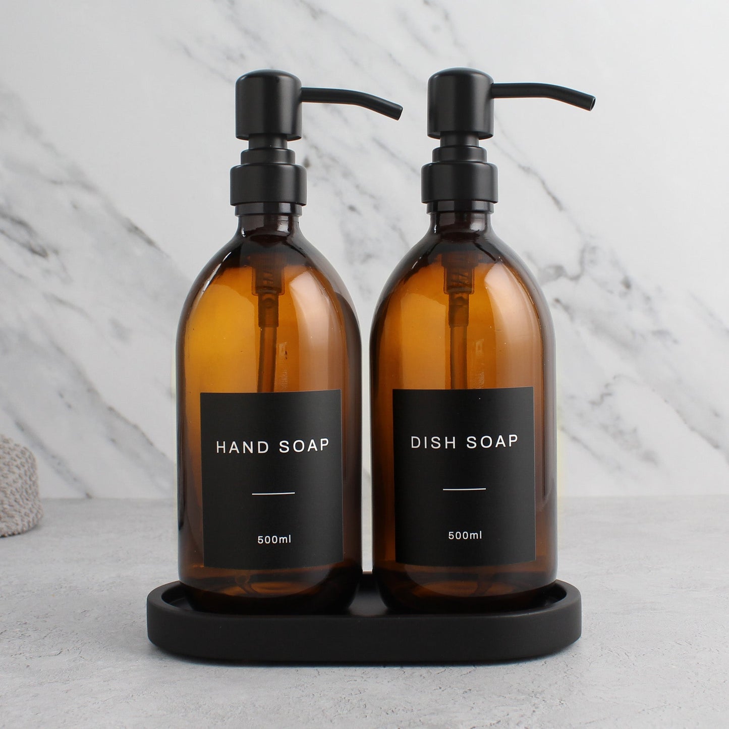 Namie Amber Glass Soap Dispenser Double Set with Black Concrete Tray