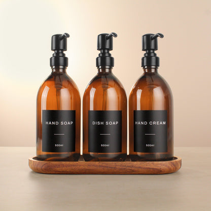 Namie Amber Glass Soap Dispenser Triple Set with Acacia Wood Tray