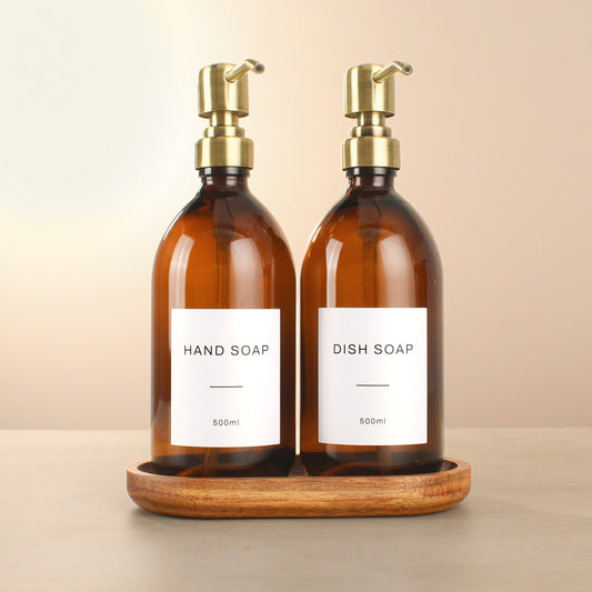Namie Amber Glass Soap Dispenser Double Set with Acacia Wood Tray