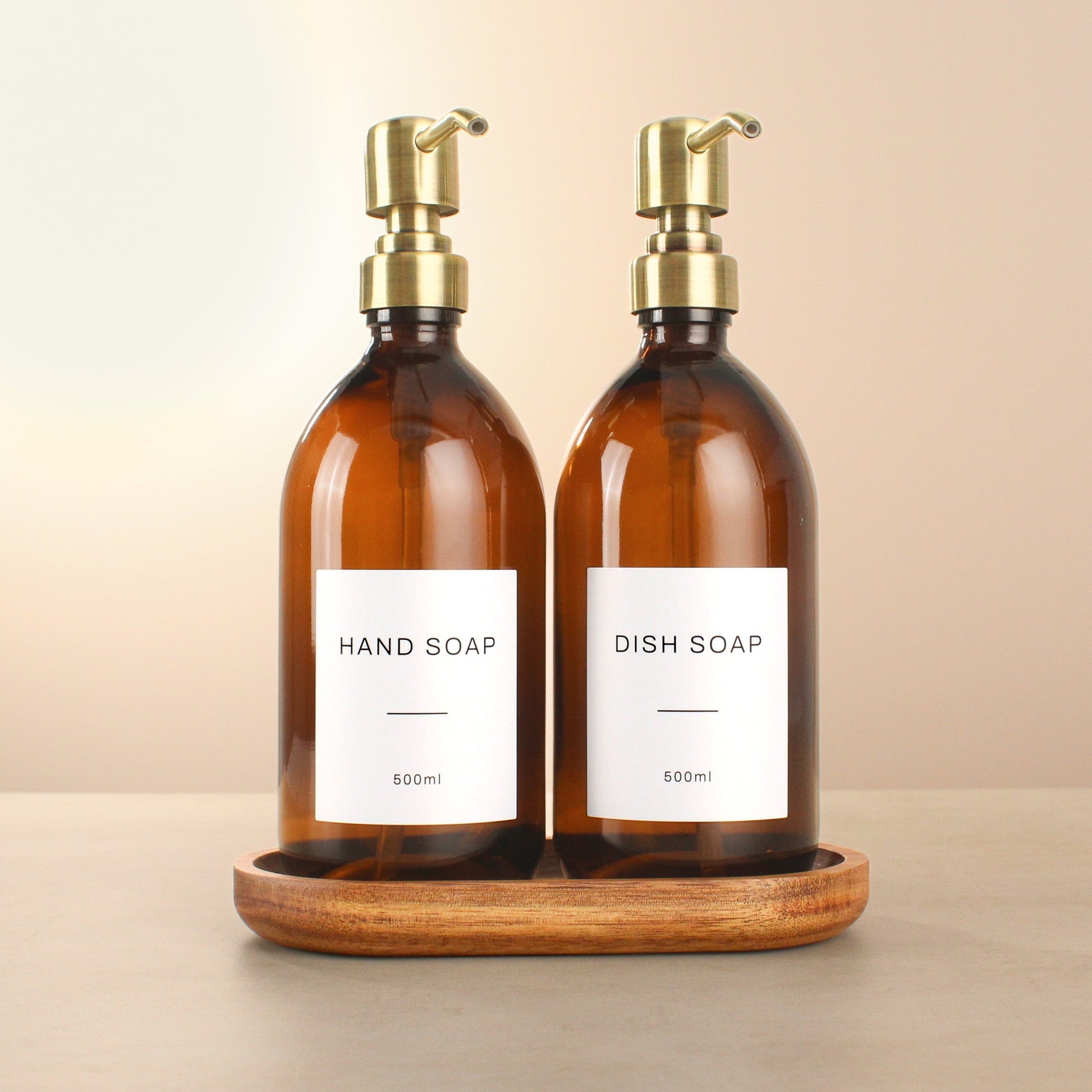 Namie Amber Glass Soap Dispenser Double Set with Acacia Wood Tray
