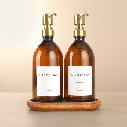 Namie Amber Glass Soap Dispenser Double Set with Acacia Wood Tray