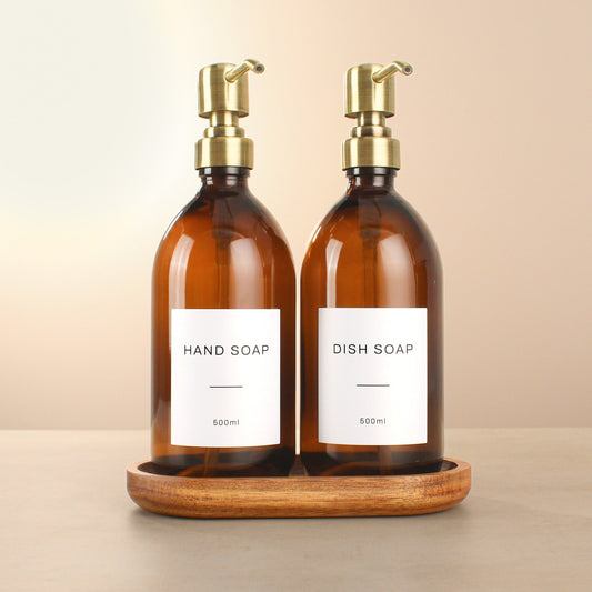 Namie Amber Glass Soap Dispenser Double Set with Acacia Wood Tray