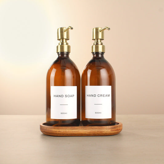 Namie Amber Glass Soap Dispenser Double Set with Acacia Wood Tray