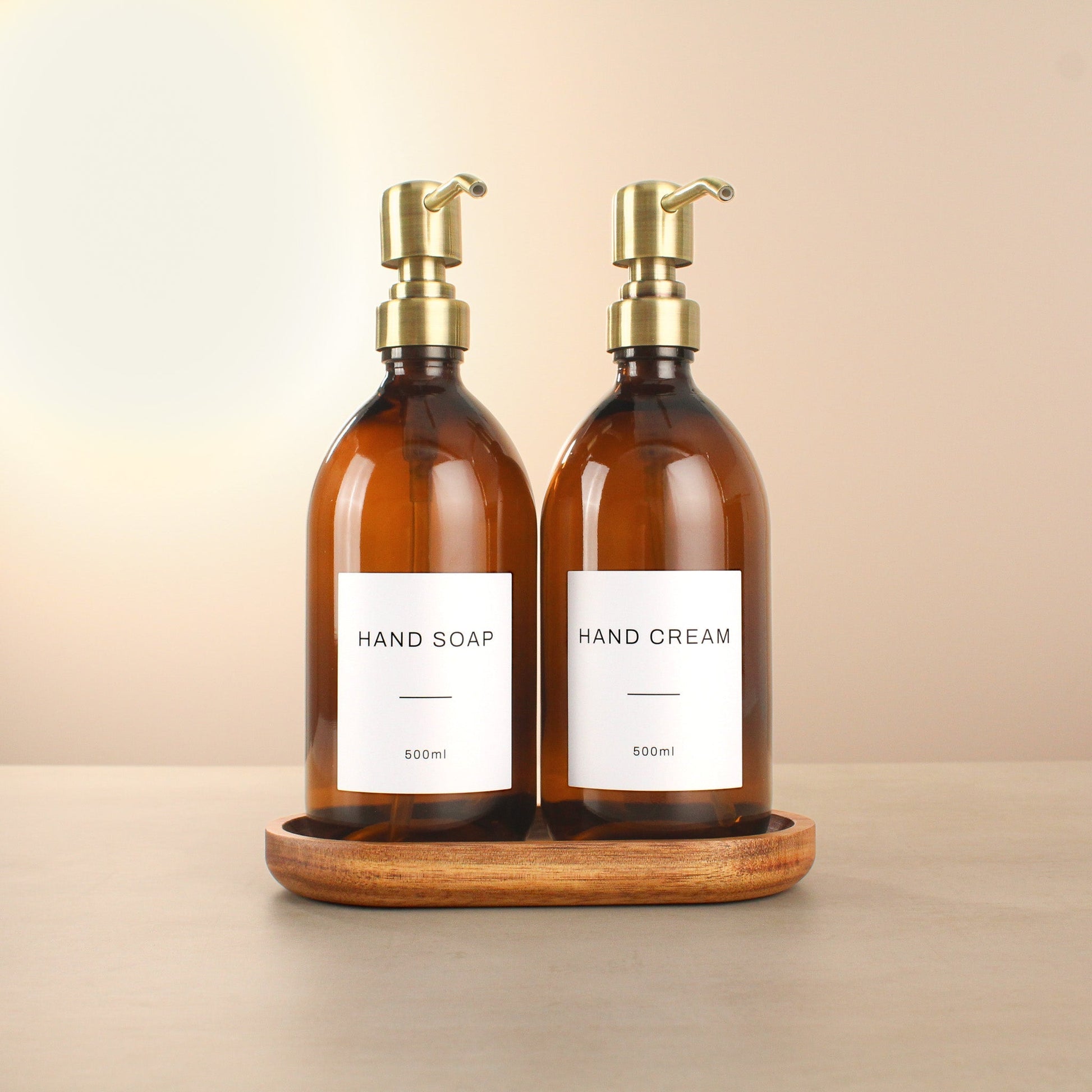 Namie Amber Glass Soap Dispenser Double Set with Acacia Wood Tray