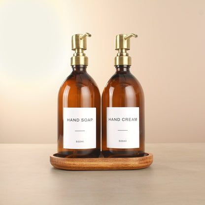Namie Amber Glass Soap Dispenser Double Set with Acacia Wood Tray