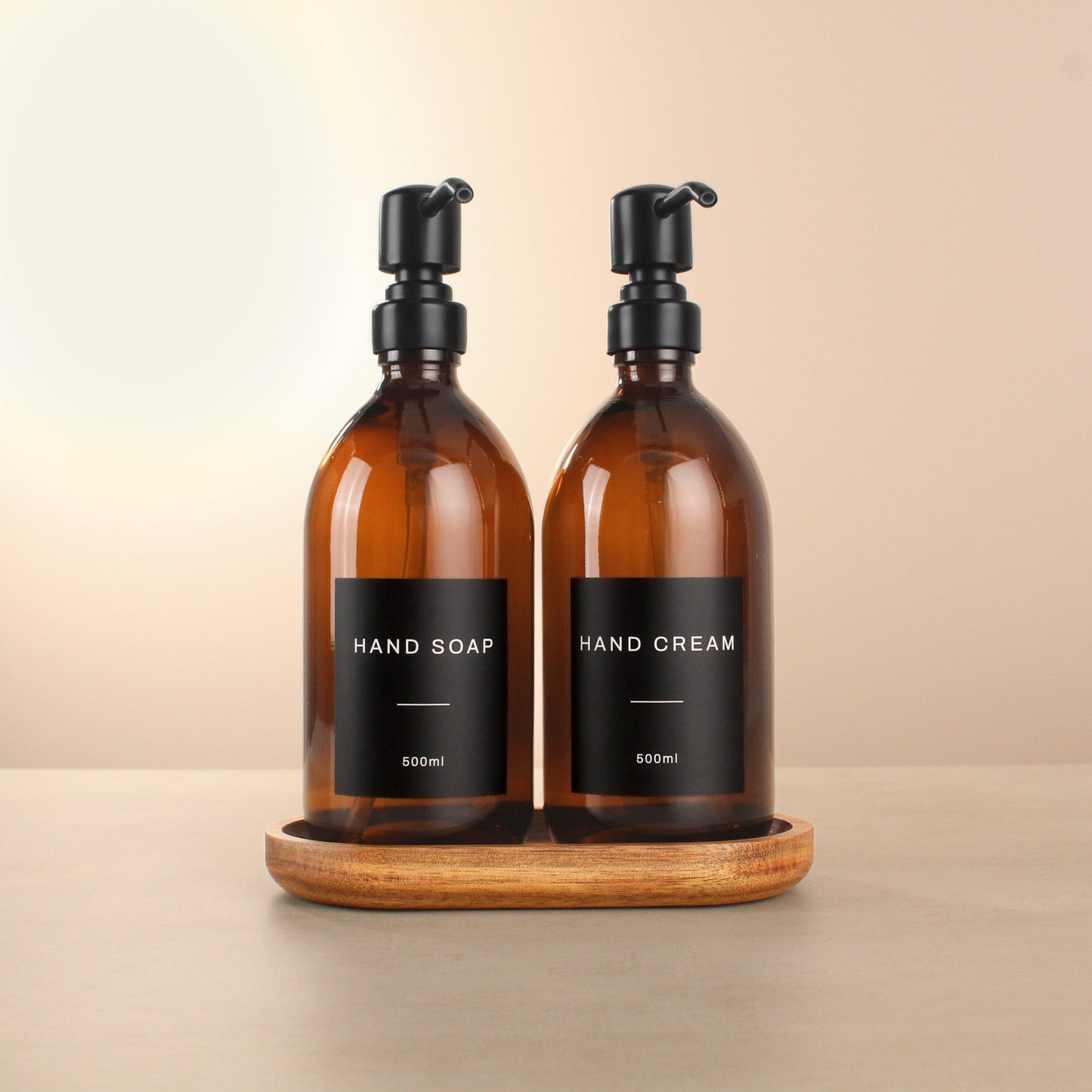 Namie Amber Glass Soap Dispenser Double Set with Acacia Wood Tray