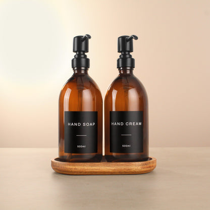 Namie Amber Glass Soap Dispenser Double Set with Acacia Wood Tray