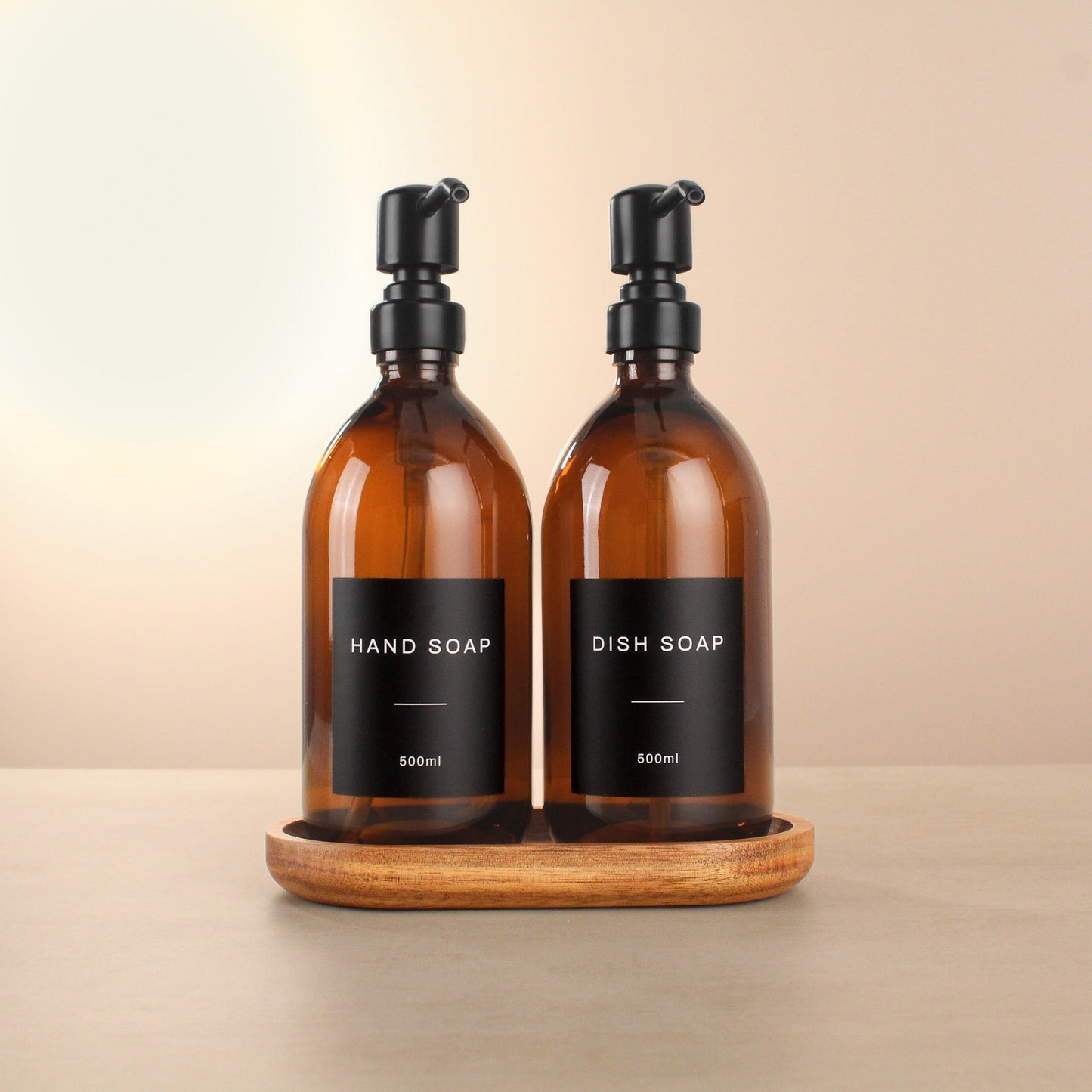 Namie Amber Glass Soap Dispenser Double Set with Acacia Wood Tray