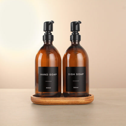 Namie Amber Glass Soap Dispenser Double Set with Acacia Wood Tray