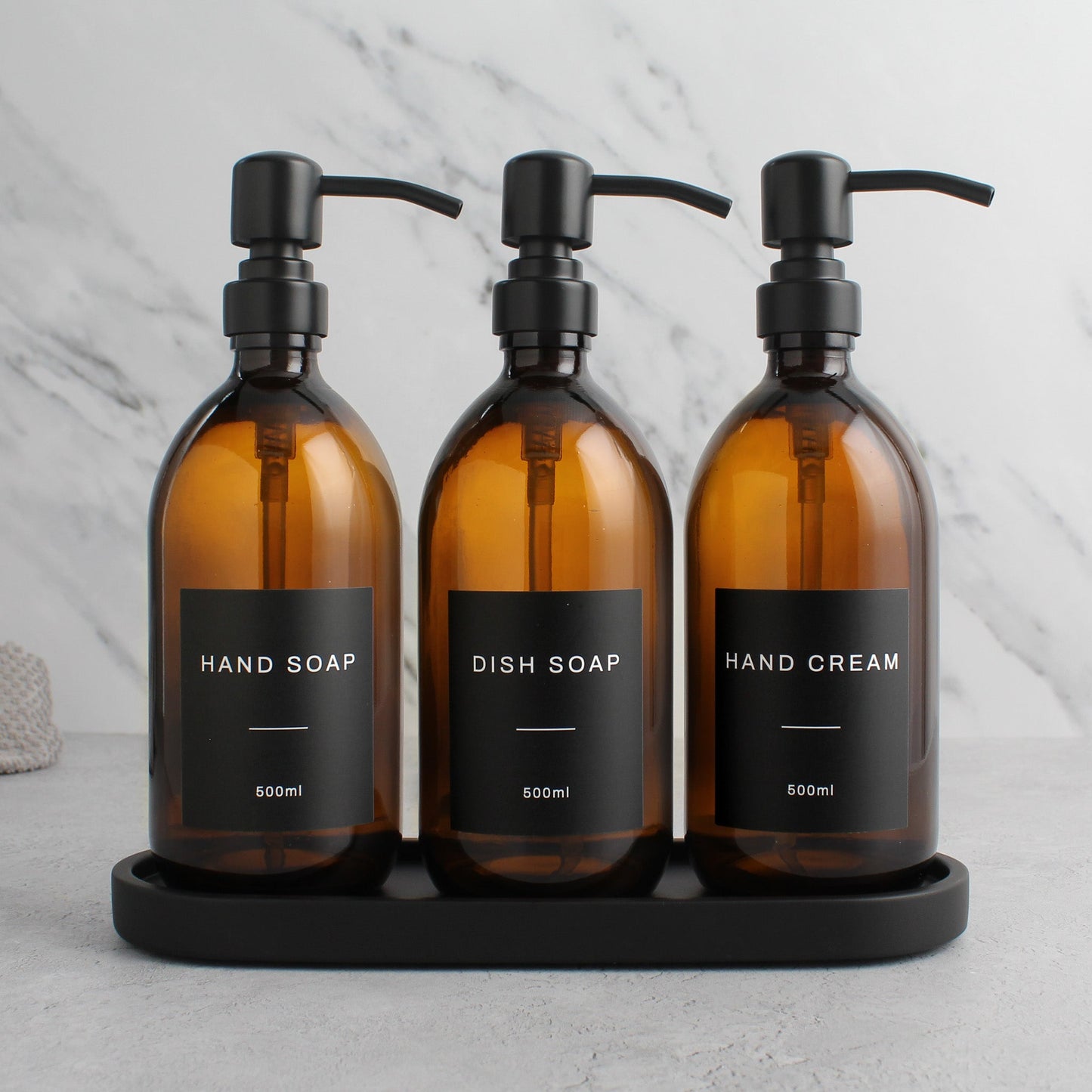 Namie Amber Glass Soap Dispenser Triple Set with Black Concrete Tray