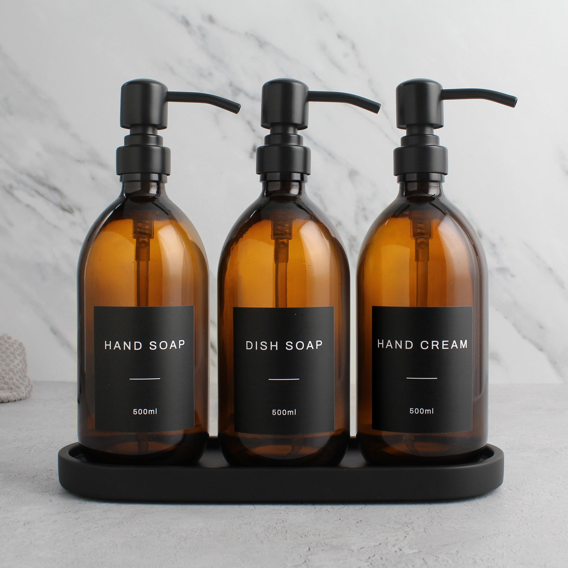 Namie Amber Glass Soap Dispenser Triple Set with Black Concrete Tray