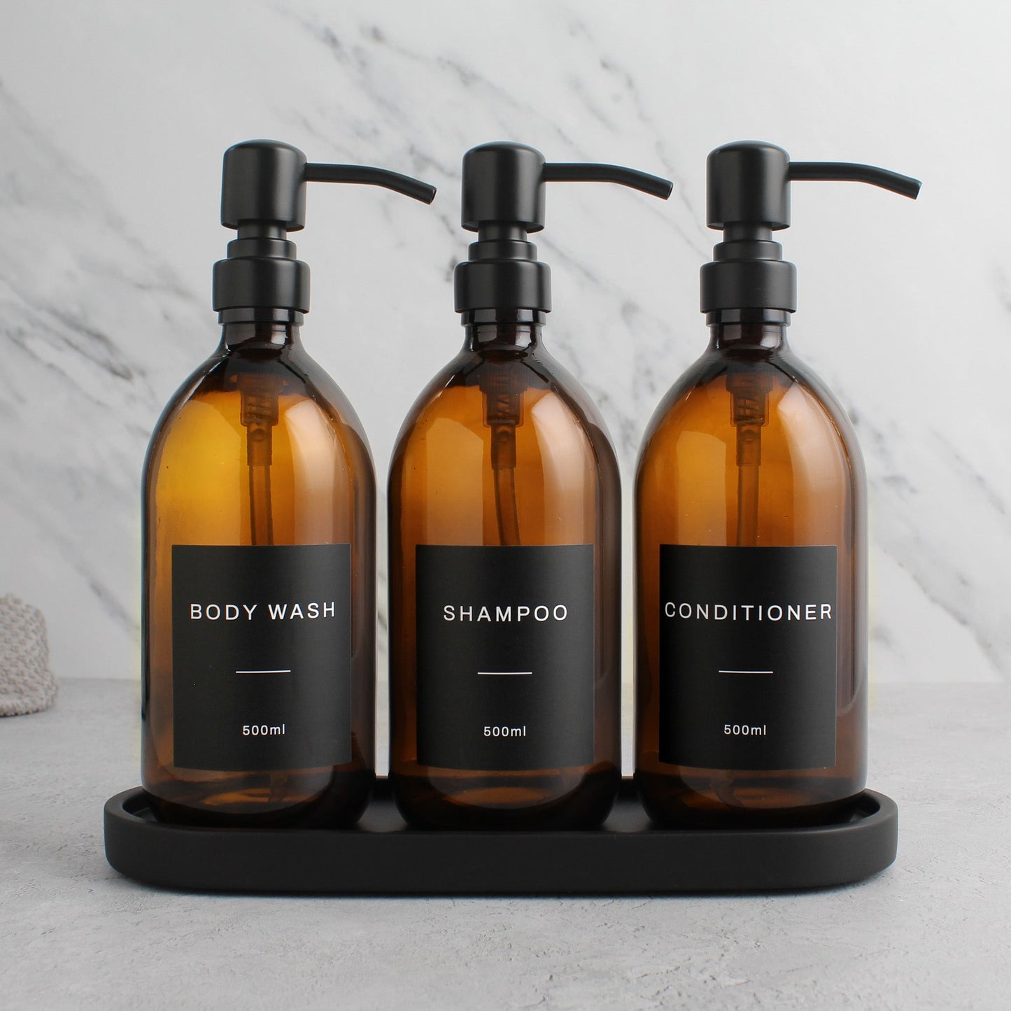 Namie Amber Glass Soap Dispenser Triple Set with Black Concrete Tray