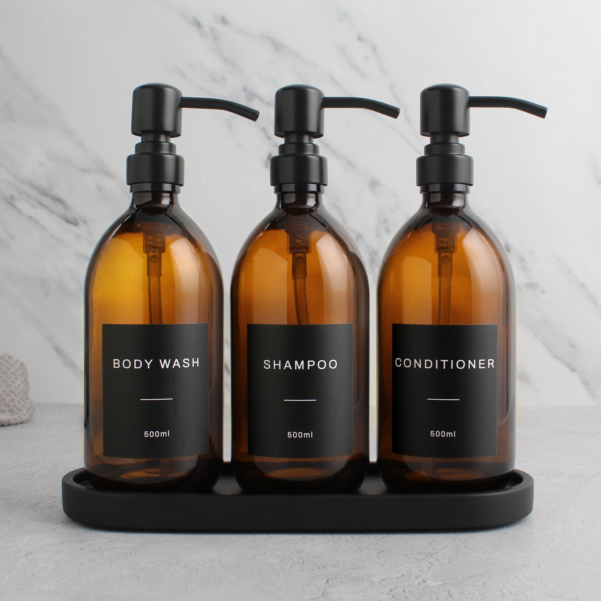 Namie Amber Glass Soap Dispenser Triple Set with Black Concrete Tray