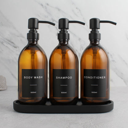 Namie Amber Glass Soap Dispenser Triple Set with Black Concrete Tray