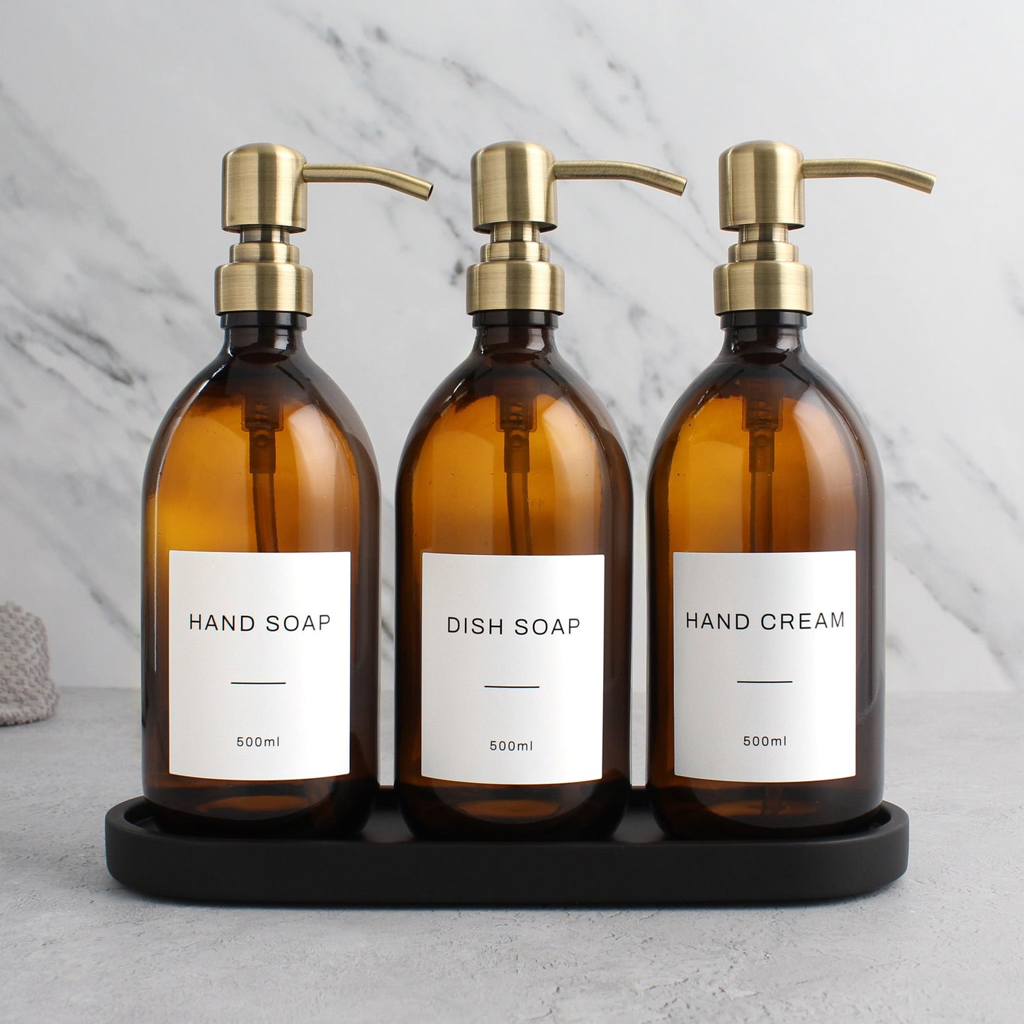 Namie Amber Glass Soap Dispenser Triple Set with Black Concrete Tray