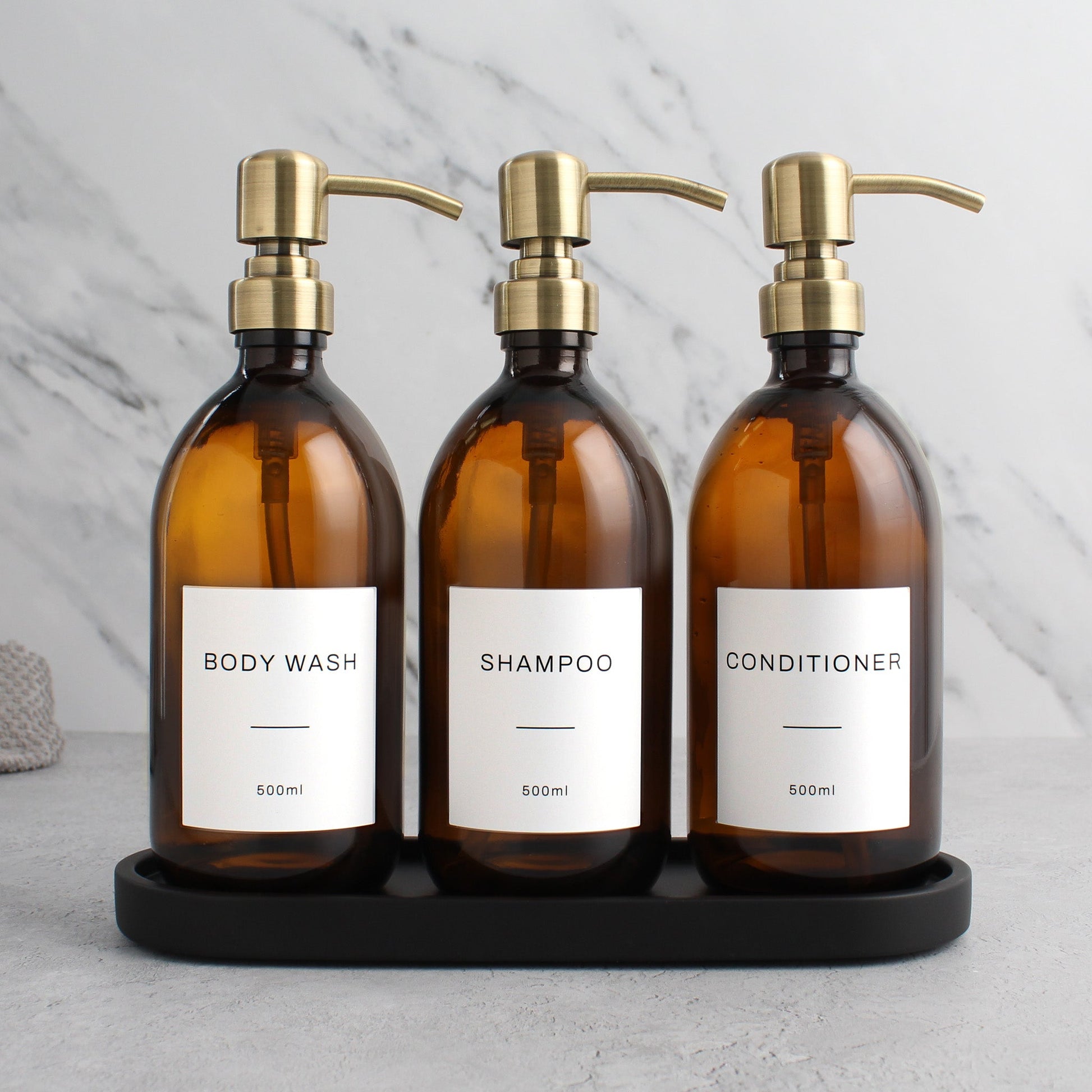 Namie Amber Glass Soap Dispenser Triple Set with Black Concrete Tray