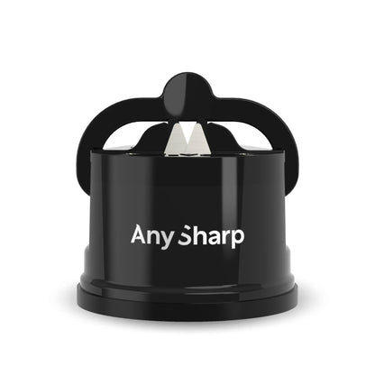 Black knife sharpener with 'AnySharp' branding on a white background