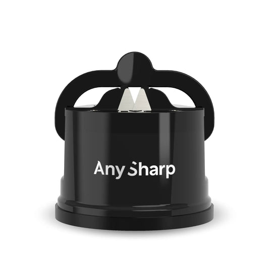 Black apple peeler with 'AnySharp' branding on a white background