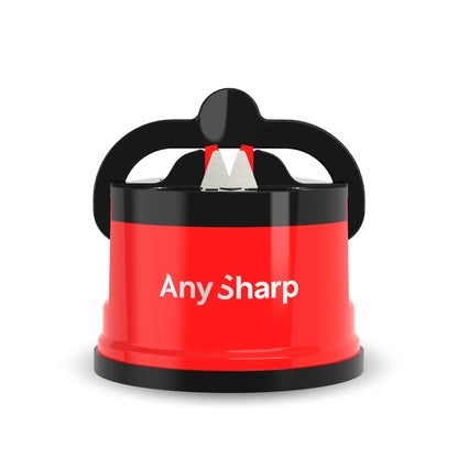 Red and black Any Sharp knife sharpener on a white background