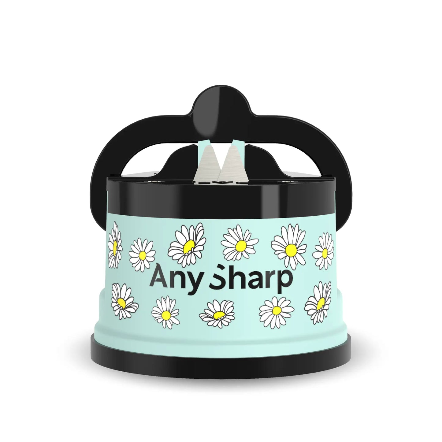 Sharpener with 'Any Sharp' branding and daisy pattern on a light blue background