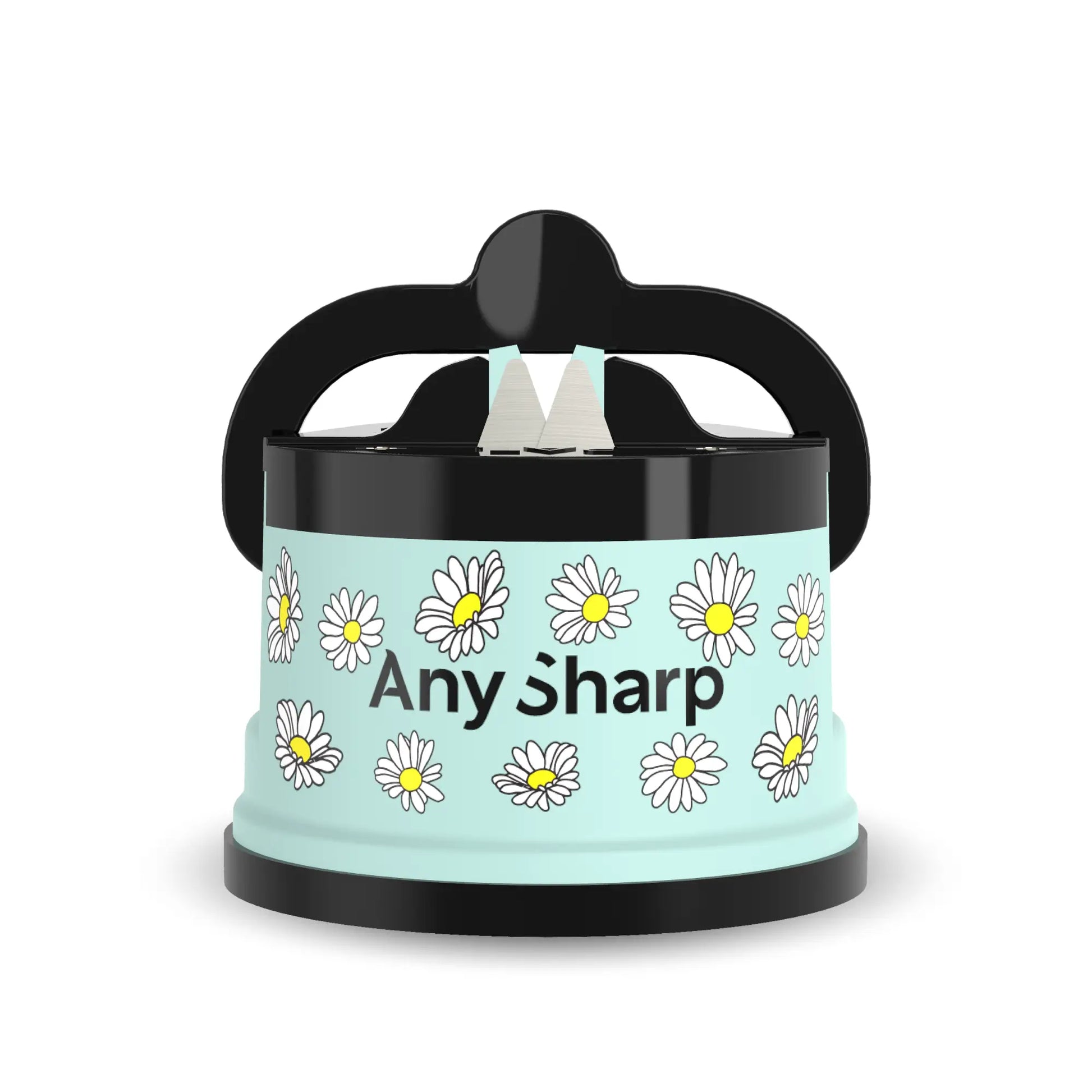Sharpener with 'Any Sharp' branding and daisy pattern on a light blue background