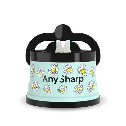 Sharpener with 'Any Sharp' branding and daisy pattern on a light blue background