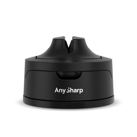 Black sharpener with 'Any Sharp' branding on a white background