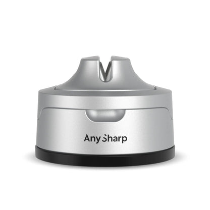 Silver knife sharpener with 'Any Sharp' branding on a white background