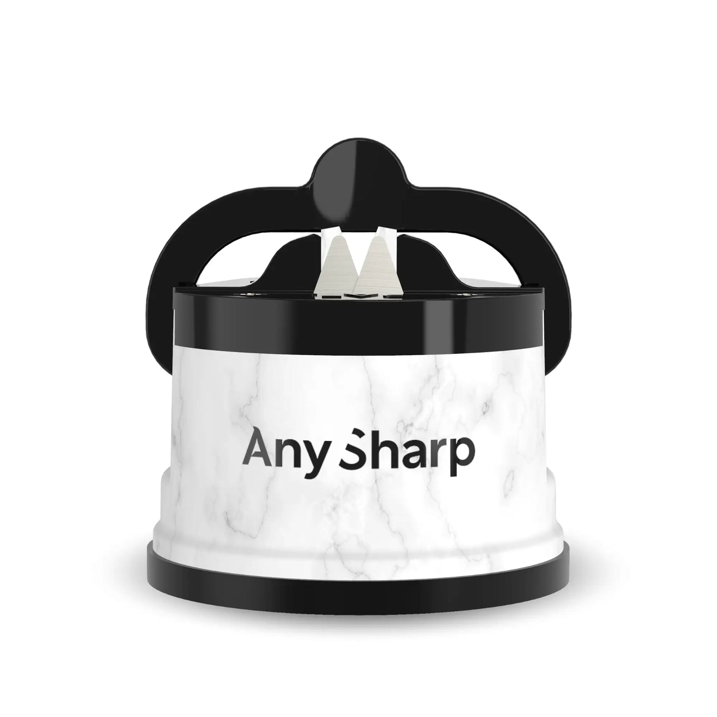 White marble-patterned sharpener with black handle and 'Any Sharp' branding on a white background
