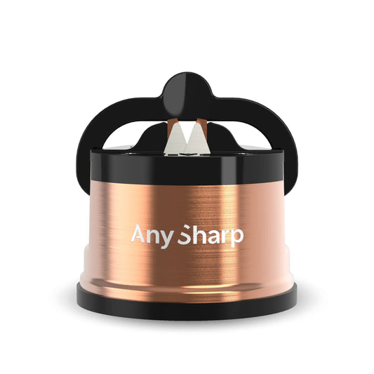 Copper-coloured sharpener with black handle on a white background, featuring 'AnySharp' branding.