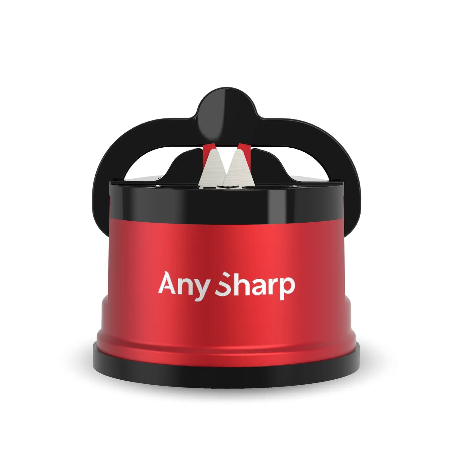 Red Any Sharp sharpener with a black handle on a white background