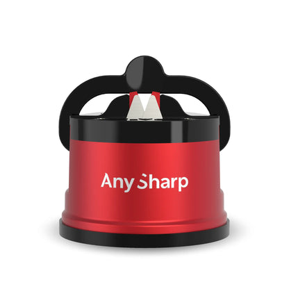 Red Any Sharp sharpener with a black handle on a white background