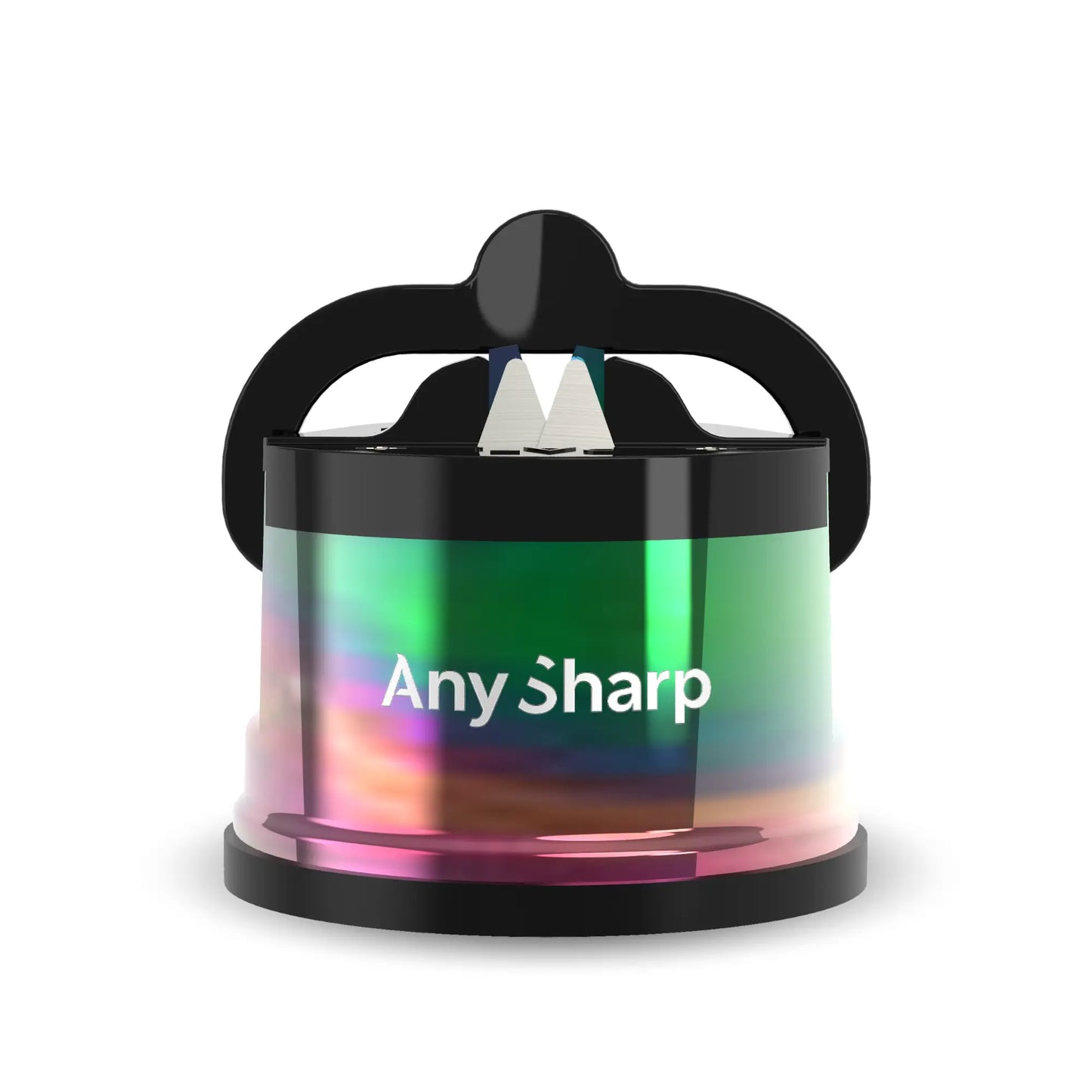 Colourful sharpener with 'Any Sharp' branding on a white background