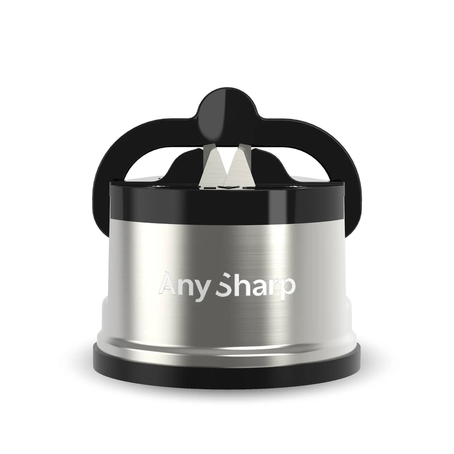 AnySharp knife sharpener with black handle and silver body on a white background
