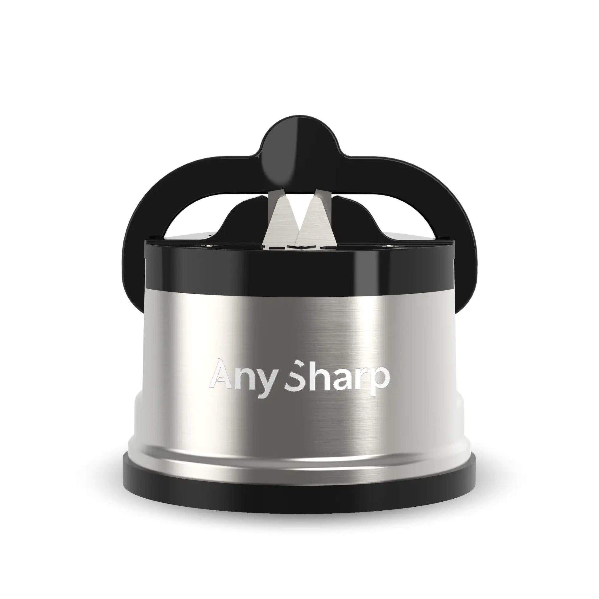 AnySharp knife sharpener with black handle and silver body on a white background