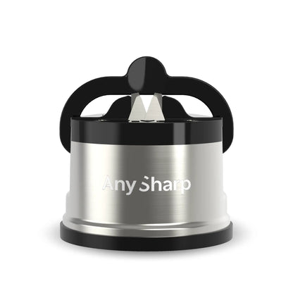 AnySharp knife sharpener with black handle and silver body on a white background