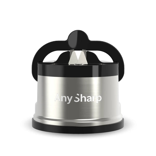 AnySharp knife sharpener with black handle and silver body on a white background