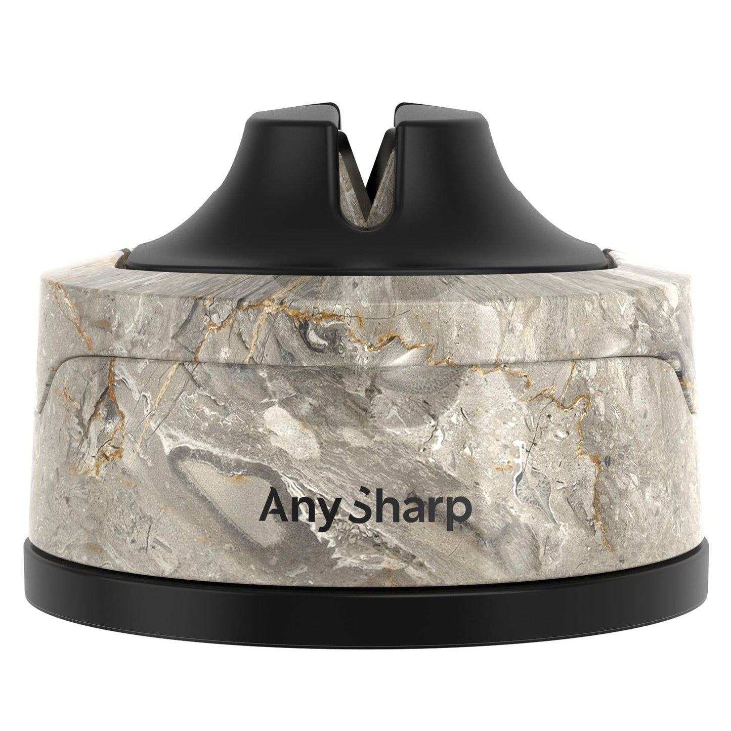 Marble-patterned sharpener with black top on a white background