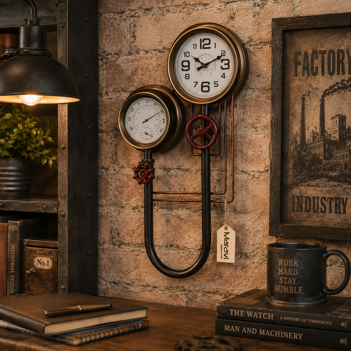 Baded Industrial Pipe Wall Clock with Decorative Thermometer 56 cm