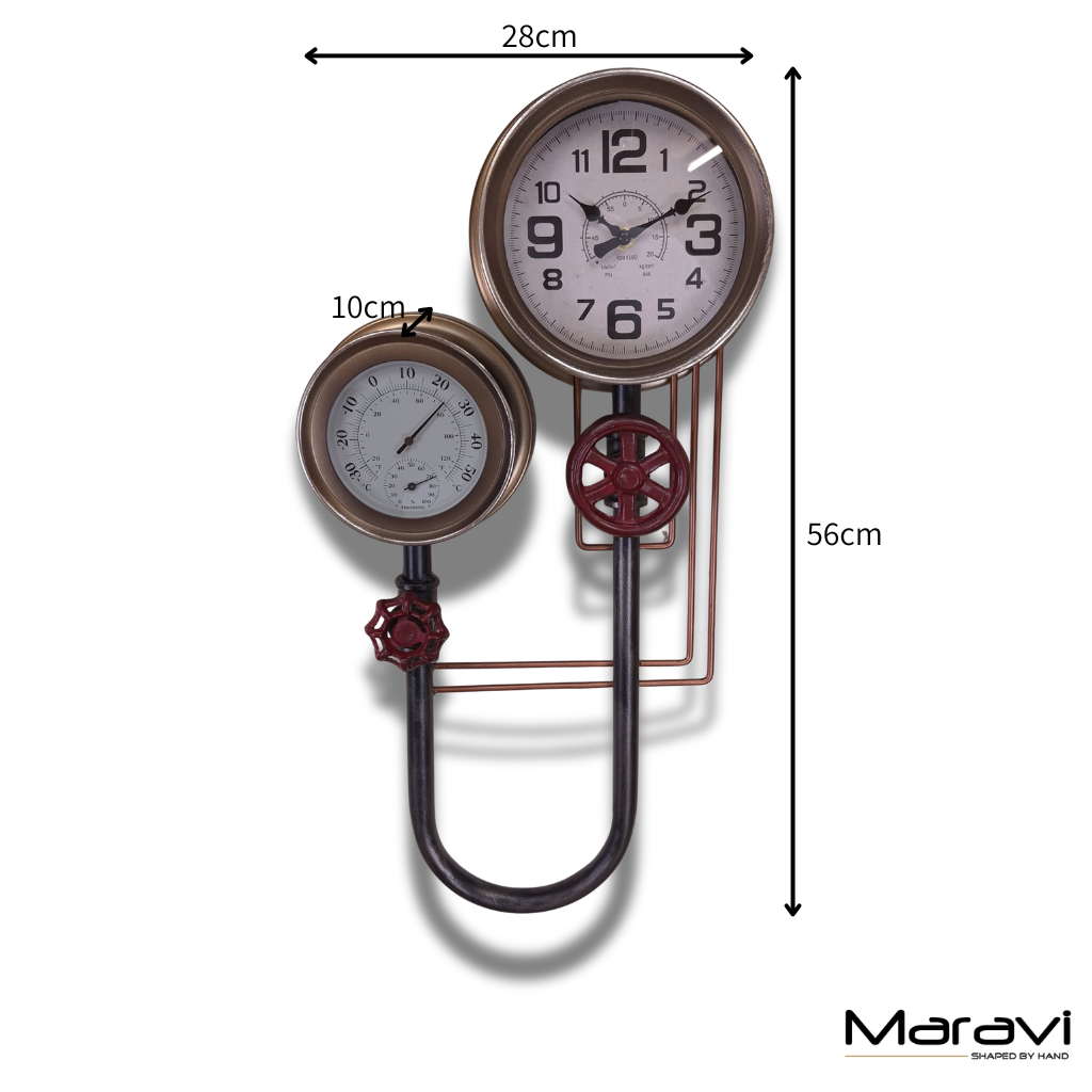 Baded Industrial Pipe Wall Clock with Decorative Thermometer 56 cm