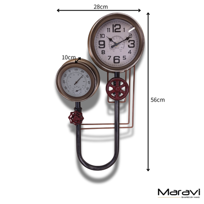 Baded Industrial Pipe Wall Clock with Decorative Thermometer 56 cm