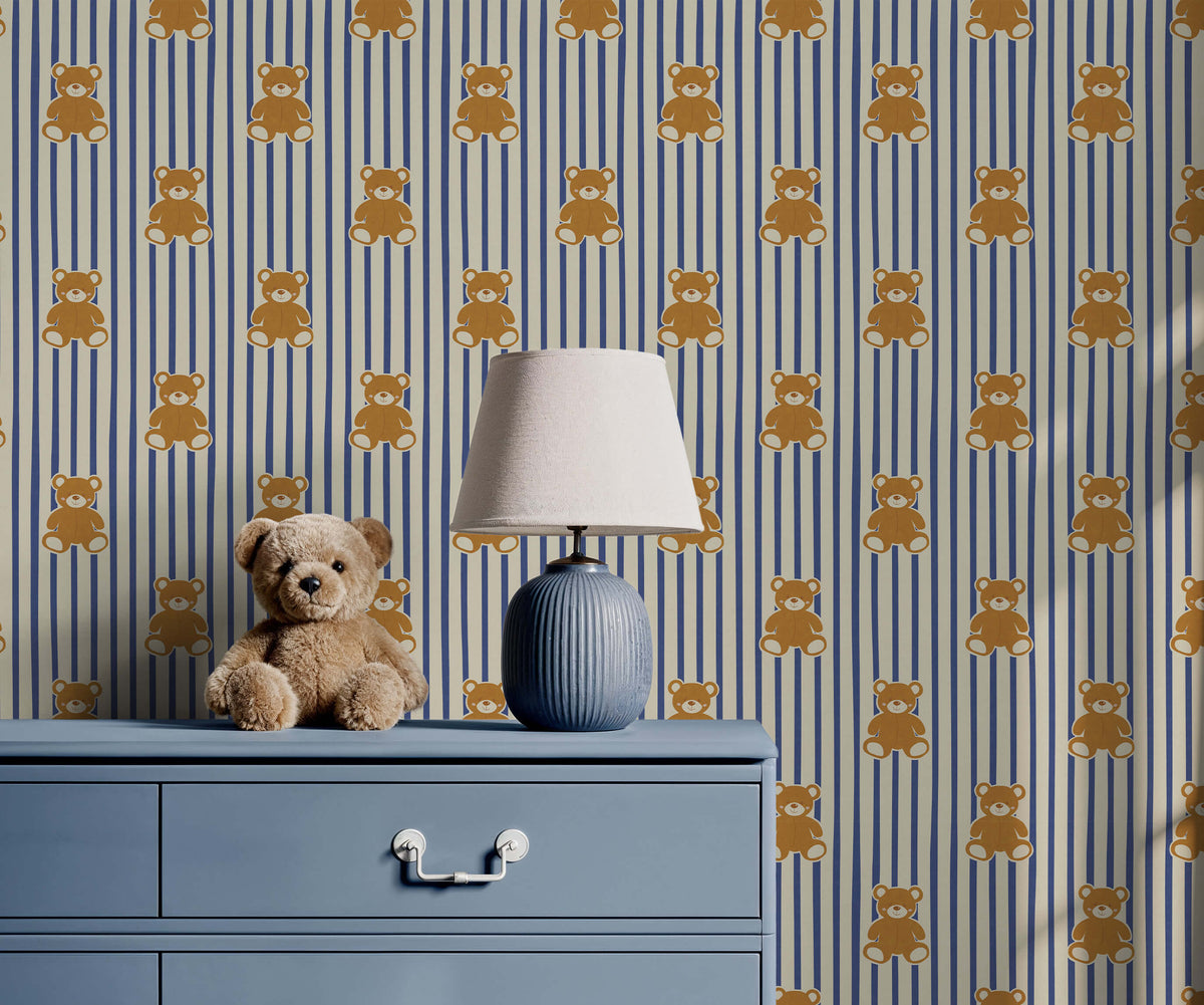 Bobbi Beck Barnaby Teddy Bear Stripe Wallpaper