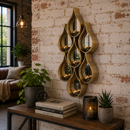 Belluri Antique Gold Raindrop Wall Mirror with Candle Holders 88 cm
