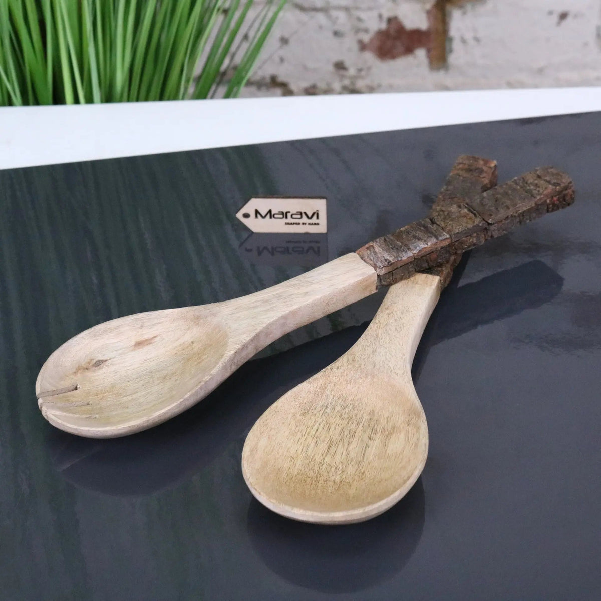 Bhimra Wooden Salad Servers with Bark Handles