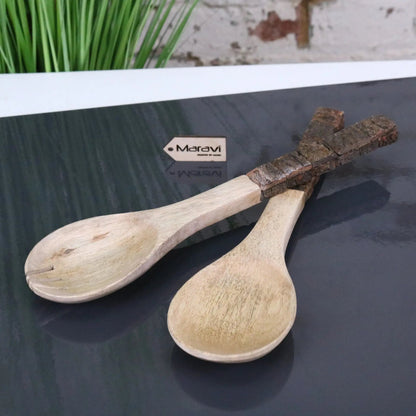 Bhimra Wooden Salad Servers with Bark Handles