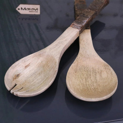 Bhimra Wooden Salad Servers with Bark Handles
