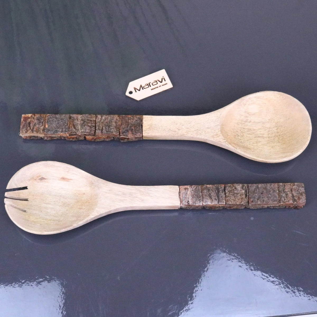 Bhimra Wooden Salad Servers with Bark Handles