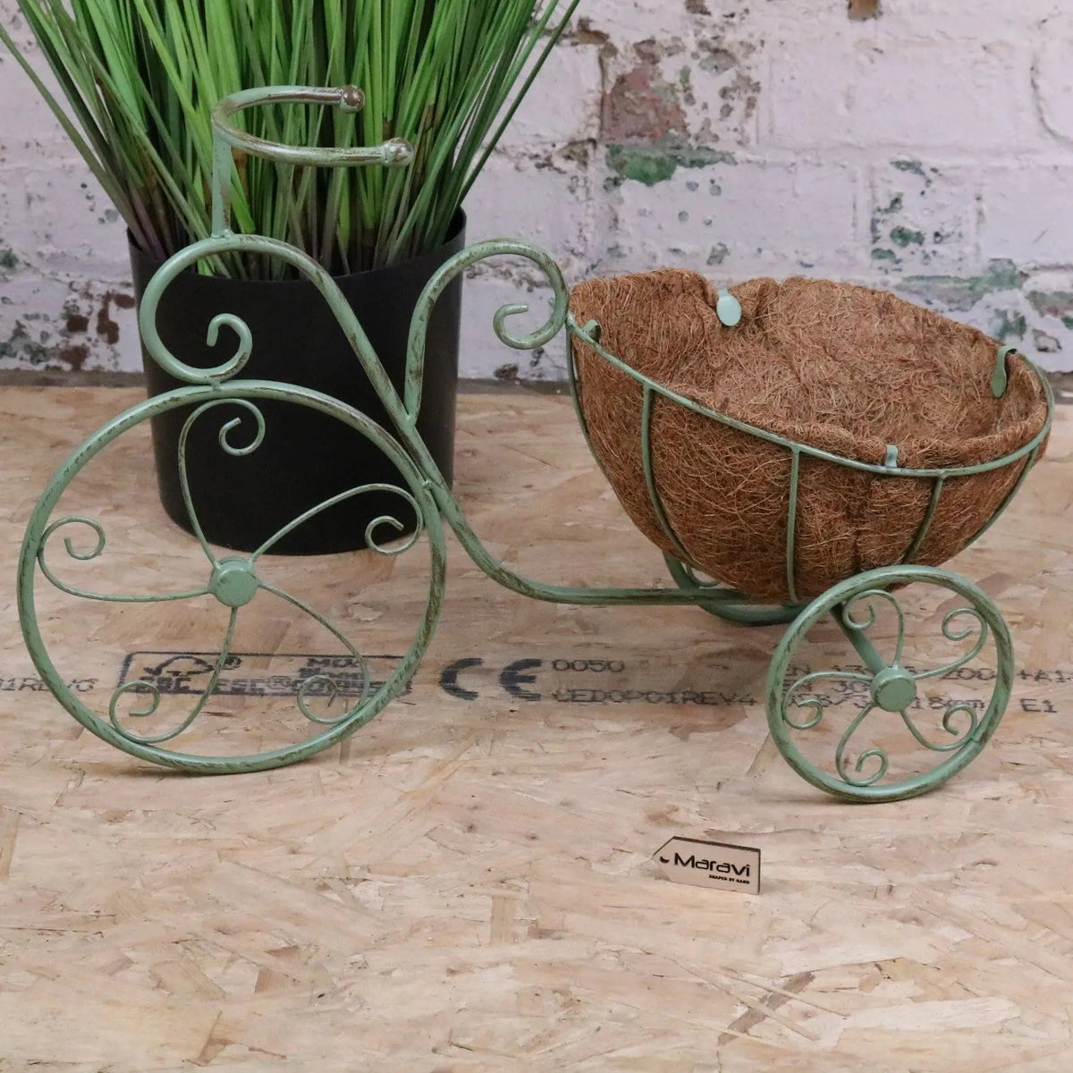 Vintage Green Metal Bicycle Garden Planter with Coir Liner